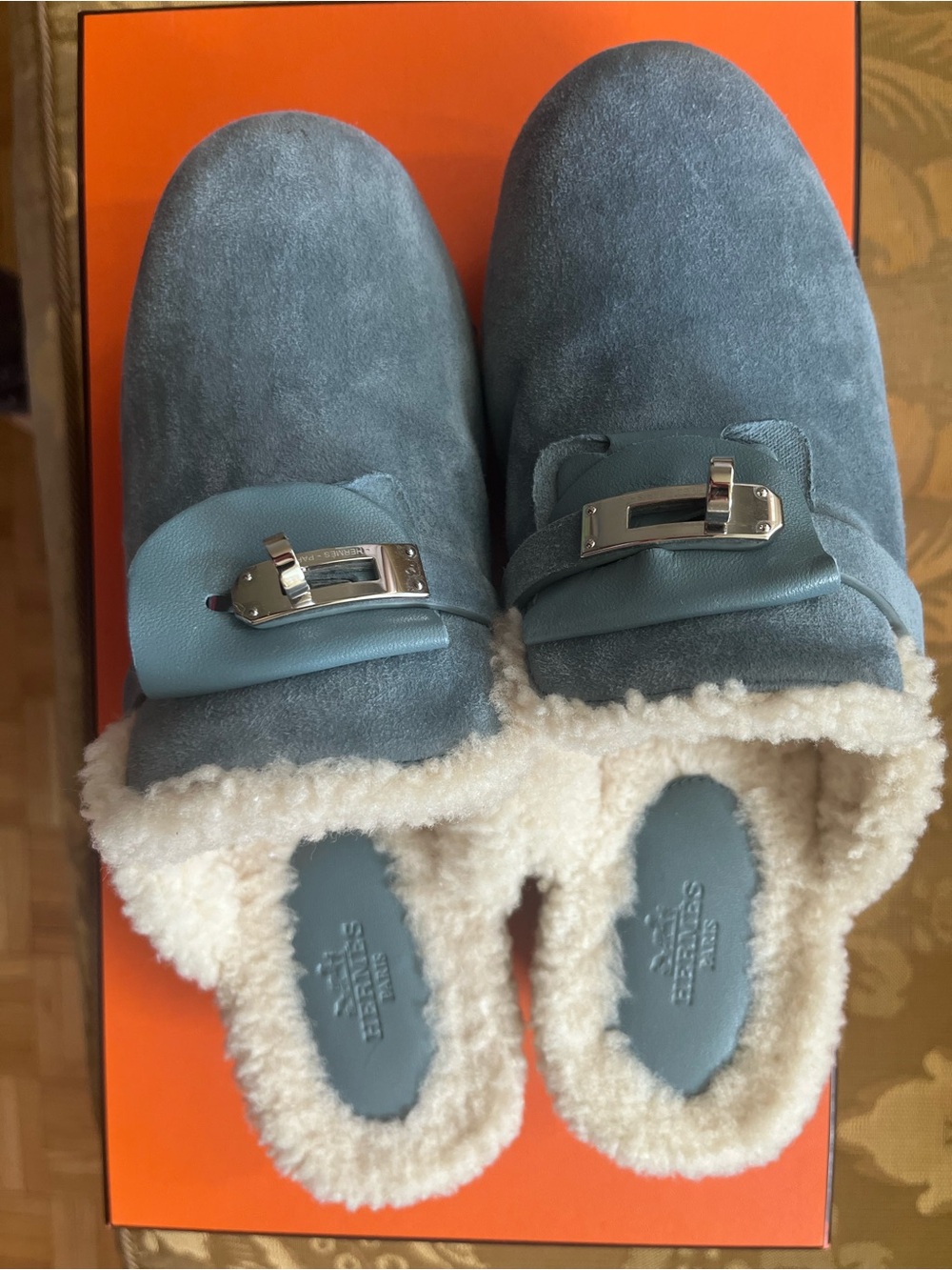 Hermes Blue Suede Shearling-Lined Mules with Silver Hardware